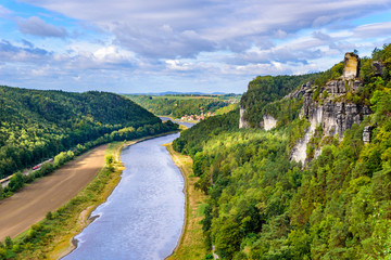 View from the bastei viewpoint of the Elbe river - beautiful landscape scenery of Sandstone mountains in Saxon Switzerland National Park, Germany