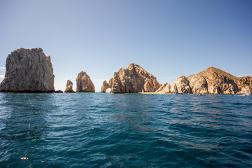 The arch of Cabo San Lucas, is a distinctive rock formation at the southern tip of Cabo San Lucas,...