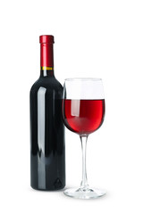Bottle and glass of wine isolated on white background