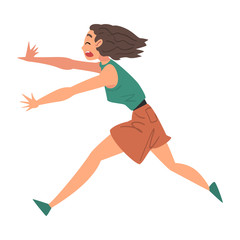 Young Woman Running Afraid of Something, Terrified, Scared, Shocked Girl with Fear Expression on Her Face Cartoon Style Vector Illustration