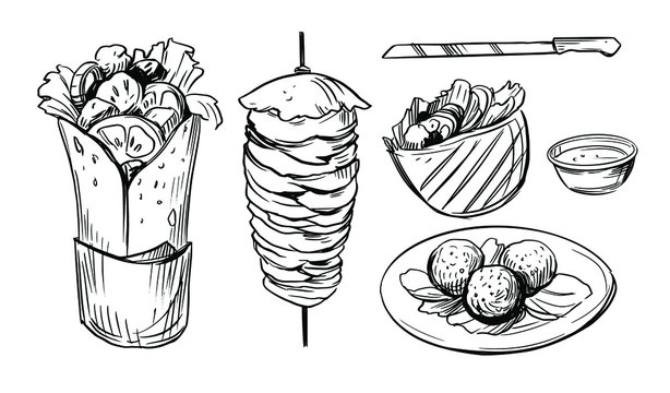 Sketch of doner kebab. Fast food illustration.  