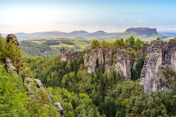 Fototapeta na wymiar View of Bastei National Park Saxon Switzerland, above the Elbe River in the Elbe Sandstone Mountains, Germany.