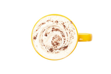 Yellow cup of latte isolated on white background