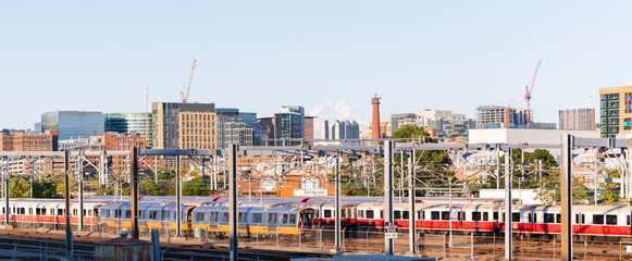 Red line MBTA trains in South Boston. Boston transportation system bg.