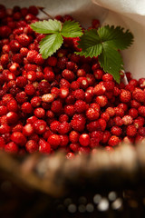 Wild strawberry basket on a natural, green background in the forest.