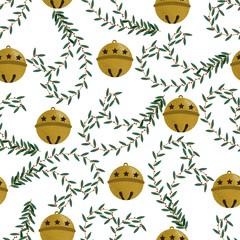 Holiday decoration seamless background. Cute celebration decoration card. Merry christmas. Bells christmas pattern twigs on gold background. Graphic design element. Seamless vector floral pattern.