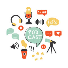 Podcast icons set. Podcasting symbols collection: microphone, headphones, loudspeaker, speech bubbles, rating stars. Blogging concept. Hand drawn isolated vector elements in trendy style.