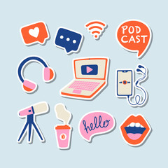 Podcast icons set. Podcasting stickers collection: microphone, headphones, loudspeaker, speech bubbles, laptop, smartphone. Blogging concept. Hand drawn isolated vector elements in trendy style. - 372722966