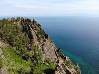 Beautiful view on the cliff-top Skriper. Lake Baikal from the air.