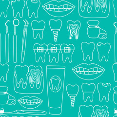 Seamless pattern dental treatment of healthy and sick teeth jaw dental tools graphic white color vector illustration.