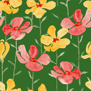 Yellow and red flowers watercolor painting - hand drawn seamless pattern on dark green © justesfir