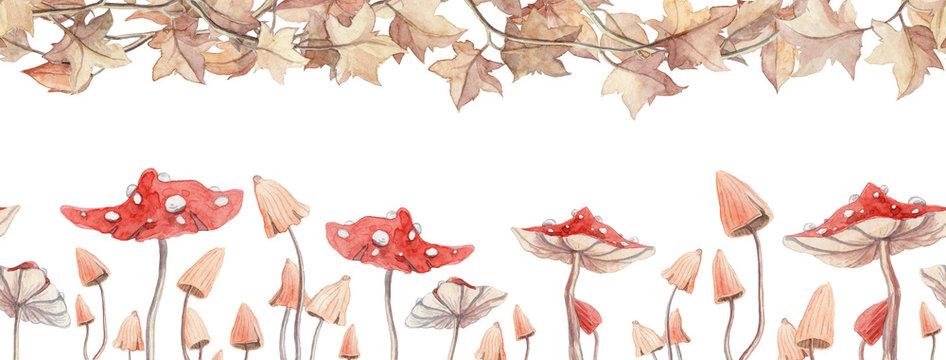 Long seamless banner with watercolor hand painted wilted leaves and mushrooms