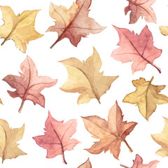Seamless pattern with watercolor hand painted leaves and twigs. Withered autumn flora