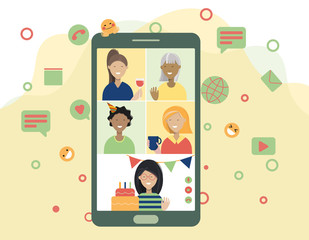Conference video call, distant communication with friends, remote birthday celebration. Quarantine. Flat vector illustration. Design elements