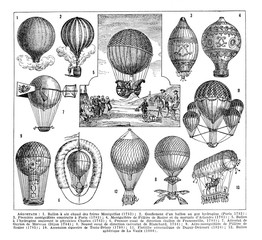 Hot air balloons collection, vintage airships / Antique vintage illustration from La Rousse XX Sciele 