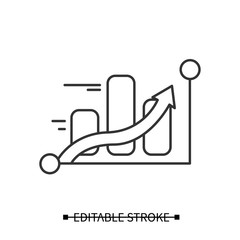 Page ranking icon. Search engine optimization and internet statistic concept pictogram with rising trend arrow and diagram. Editable stroke line vector illustration for web, development, seo and ui 