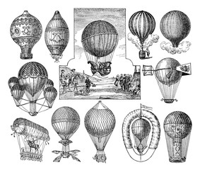 Hot air balloons collection, vintage airships / Antique vintage illustration from La Rousse XX Sciele 