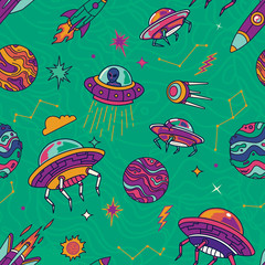 Retro Colorful UFO Invader in the Space Galaxy Seamless Pattern. Background Wallpaper