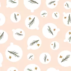 Zelfklevend Fotobehang Christmas baubles with pine branches inside seamless vector pattern on pink. Seasonal surface print design for fabics, stationery, card, gift wrap, scrapbook paper, and packaging. © rysunki.malunki