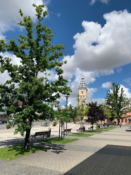 Joniskis Saint Mary church and town square at city centre. Joniskis / Lithuania.