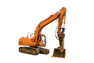 A crawler excavator with a rotating house platform and continuous caterpillar track isolated on a white background. Side view 
