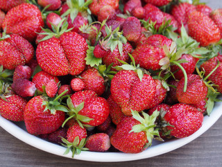 Fresh natural strawberries of different varieties and sizes in a white plate on a wooden stand, top view. Pattern of useful seasonal red fruits for design and decoration