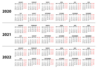Calendar for 2020, 2021 and 2022 years in English in simple style on white background. For Europe and countries where the week starts on Monday. Months are arranged horizontally. Vector illustration