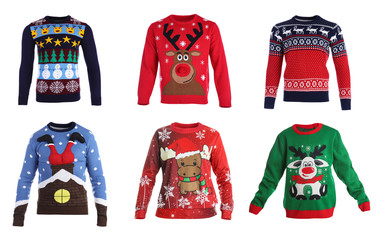 Set of warm Christmas sweaters on white background