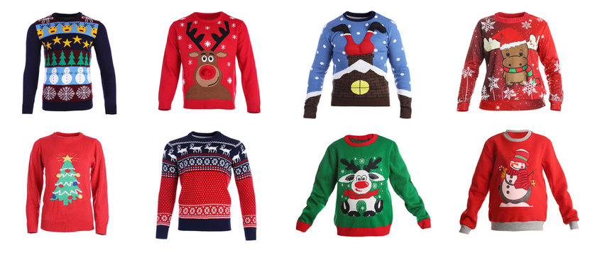 Set of warm Christmas sweaters on white background. Banner design