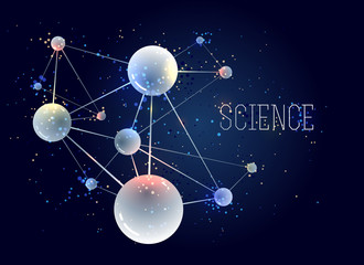 Obraz na płótnie Canvas Molecules vector abstract background, 3D dimensional science chemistry and physics theme design element, atoms and particles micro nano scientific illustration.