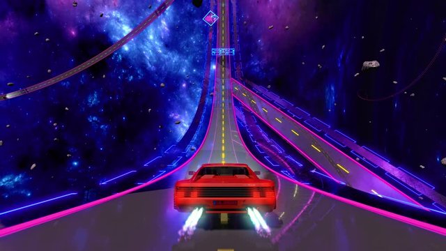 80s retro futuristic space drive seamless loop. Stylized cosmic highway in outrun VJ style with stars and planet. Vaporwave 3D animation background for music video, DJ set, clubs, EDM music