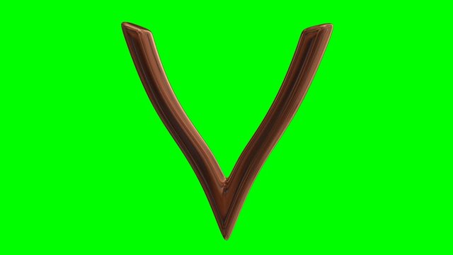 Animated spinning all one piece bronze trophy with V for victory design without stand. Isolated and loop able on green background.