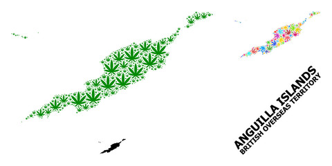 Vector Mosaic Map of Anguilla Islands of Colored and Green Hemp Leaves and Solid Map
