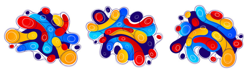 Fluids colorful liquid shapes in motion vector abstract graphic design elements set, dynamic modern art flowing and changing forms, gradients lava bubbles collection.