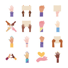 bundle of sixteen hands protest set icons