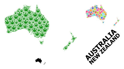 Fototapeta na wymiar Vector Mosaic Map of Australia and New Zealand of Colored and Green Hemp Leaves and Solid Map