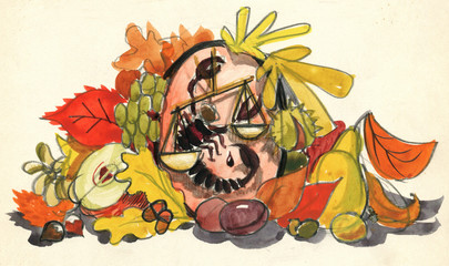 Hand drawing of floral decotative composition with fruits, leaves and scales