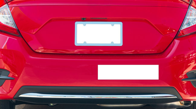 Rear of Red Car With Blank White License Plate and Bumper Sticker