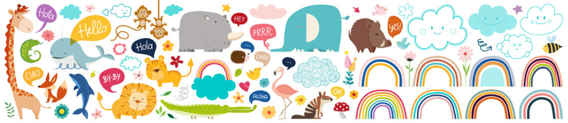 Colorful bright stylish trendy rainbows vector illustrations. Baby animals pattern. Fabric pattern. Vector illustration with cute animals. Nursery baby pattern illustration