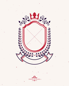 Graphic Emblemcreated With Ancient Crown And Laurel Wreath. Heraldic Vector Design Element Decorated With Ribbon. Retro Style Label, Heraldry Logo.