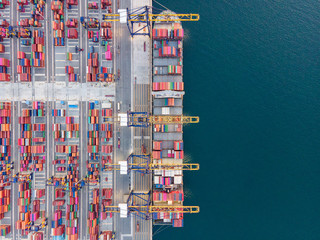 Fototapeta premium Container , container ship in export and import business and logistics. Shipping cargo to harbor by crane. Water transport International. Aerial view and top view.