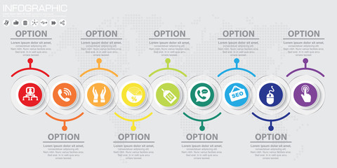 Timeline 9 options or steps vector infographic. World map Background