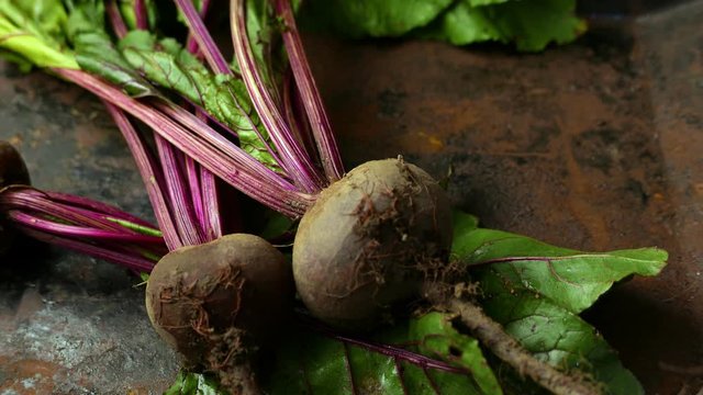 Beetroots with green haulm on the black rustic background.