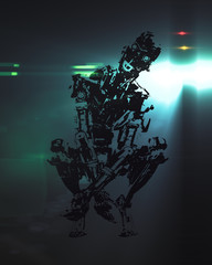 Strange, weird and incomprehensible new modern Halloween character. Full metal insane artificial intillect robot cyborg squats. Real, serious, not cartoon