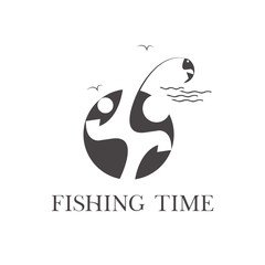 Time is fishing logo design. happy holiday and have fun logo concept. individual hobby, person, moon and fish, sea, island, water, and birds silhouette, drawing.
