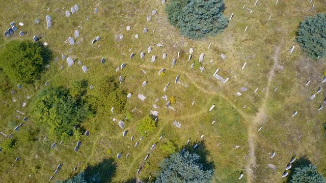 Aerial, drone view abandoned jewish cemetery in the middle of forest in Zarki, Poland. 18th century graveyard hidden in the woods. Forgotten tombstones and matzevot of dead jews are deteriorating. 