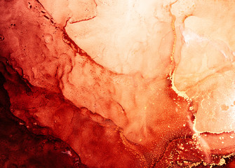Red ink water. Marble texture. Hot volcanic lava abstract design with streak pattern. Bright glitter fluid with orange golden fleck grain. Creative stained surface art background. Mars planet.