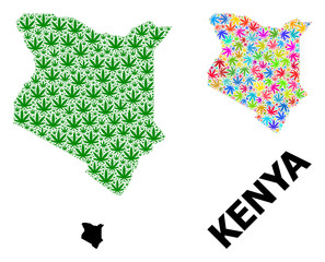 Vector Mosaic Map of Kenya of Psychedelic and Green Cannabis Leaves and Solid Map