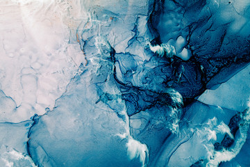 Blue acrylic ink. Marble texture. Frozen water surface with white snow effect. Fractured crystal...