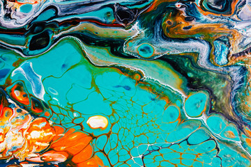 Colorful ink water. Marble texture. Turquoise blue orange bubble liquid mix wave with rusty streak vein effect. Abstract natural mineral stone pattern art background. Vivid paint splash design.